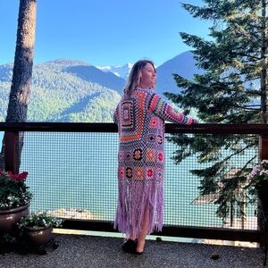 Colourful Crochet Fringe Cardigan long